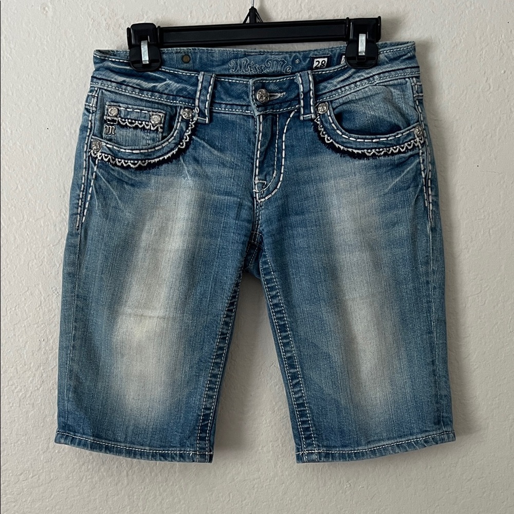 Like New! Miss Me Light Blue Embellished Denim Bermuda Shorts in Size 28
